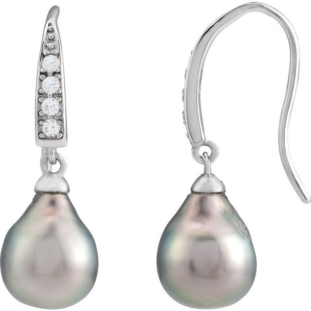 Rhodium-Plated Sterling Silver Cultured Gray Tahitian Pearl & Imitation White Cubic Zirconia Earrings