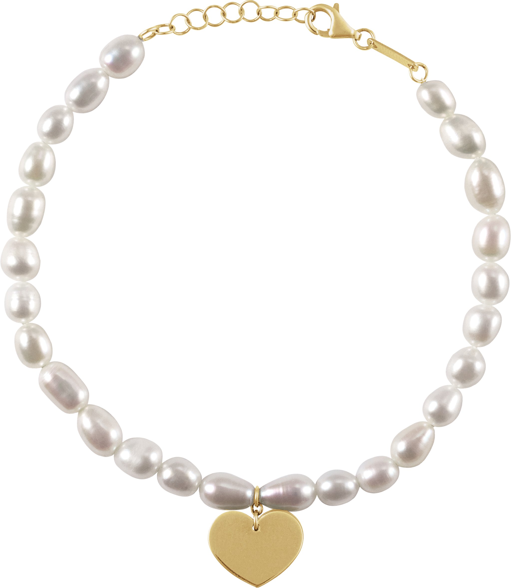 14K Yellow Cultured White Freshwater Pearl & Heart 7-8" Bracelet