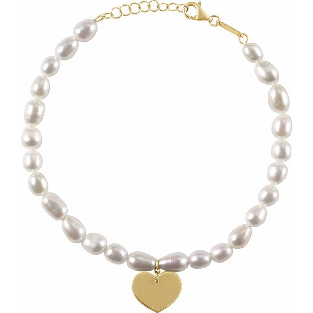 14K Yellow Cultured White Freshwater Pearl & Heart 7-8 Bracelet
