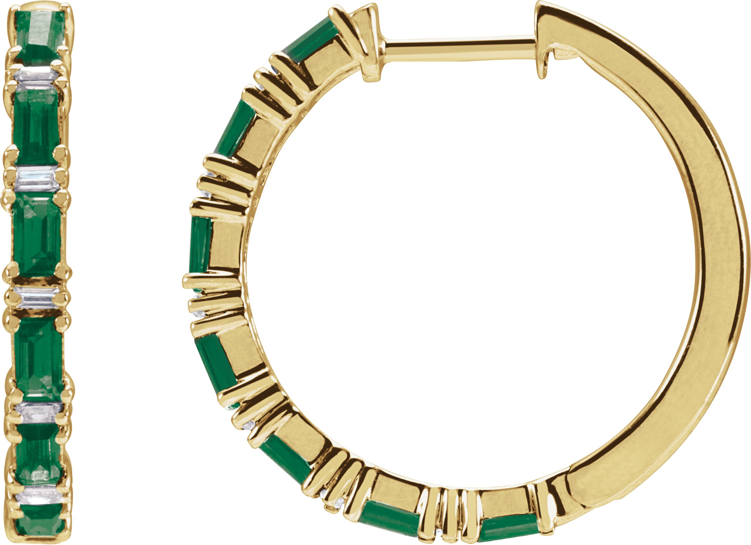 14K Yellow Natural Emerald & 1 1/4 CTW Natural Diamond Hoop Earrings