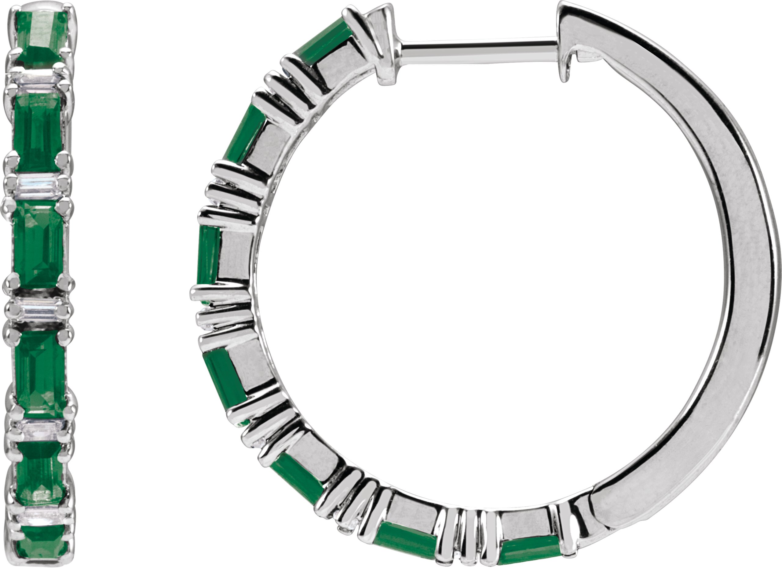 14K White Natural Emerald & 1 1/4 CTW Natural Diamond Hoop Earrings
