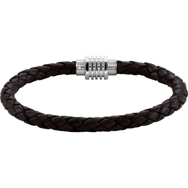 Stainless Steel & Black Braided Leather 9 Bracelet with Magnetic Clasp 