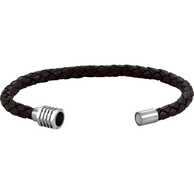 Stainless Steel & 6 mm Black Braided Leather 9 Bracelet 