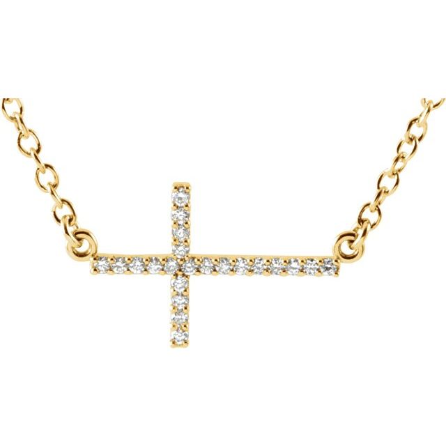 14K Yellow 1/10 CTW Natural Diamond Sideways Cross 16-18" Necklace