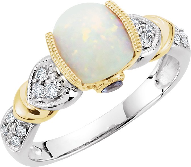 14K White/Yellow Natural White Opal, Natural Tanzanite & 1/6 CTW Natural Diamond Ring