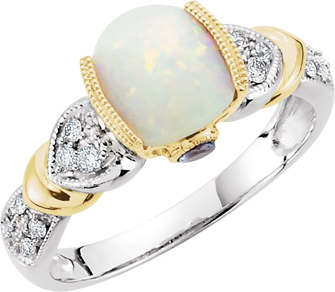 14K White Natural White Opal, Natural Tanzanite & 1/6 CTW Natural Diamond Ring