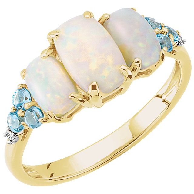 14K Yellow Natural Opal, Natural Swiss Blue Topaz & .012 CTW Natural Diamond Ring  
