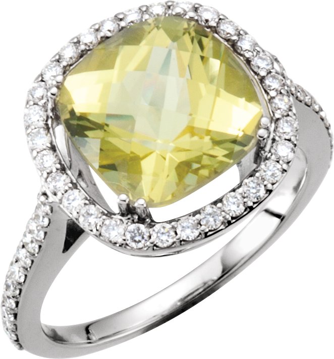 14K White Natural Lemon Quartz & 1/2 CTW Natural Diamond Halo-Style Ring