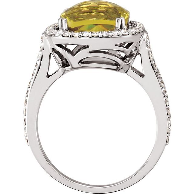 14K White Natural Lemon Quartz & 1/2 CTW Natural Diamond Halo-Style Ring