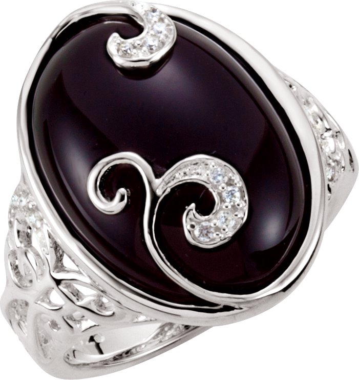Onyx & Diamond Accented Scroll Design Ring