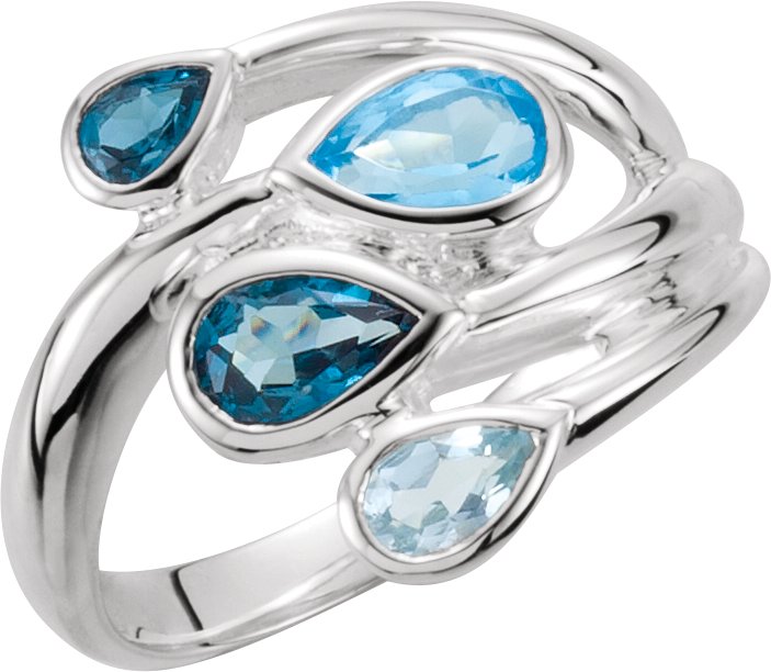 Sterling Silver Natural Sky Blue, Natural London Blue & Natural Swiss Blue Topaz Bypass Ring<br>(Size 10)