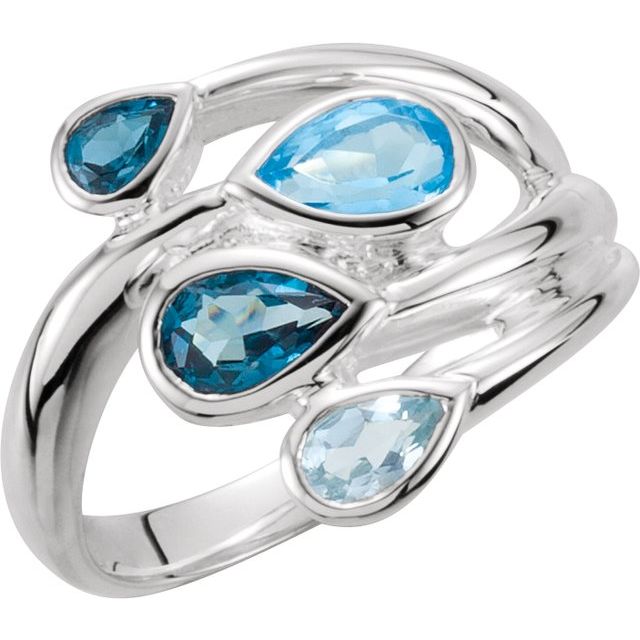 Sterling Silver Natural Sky Blue Topaz, London Blue & Natural Swiss Blue Bypass Ring