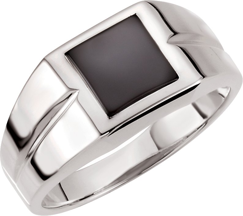 14K White 8 mm Natural Black Onyx Men-s Ring