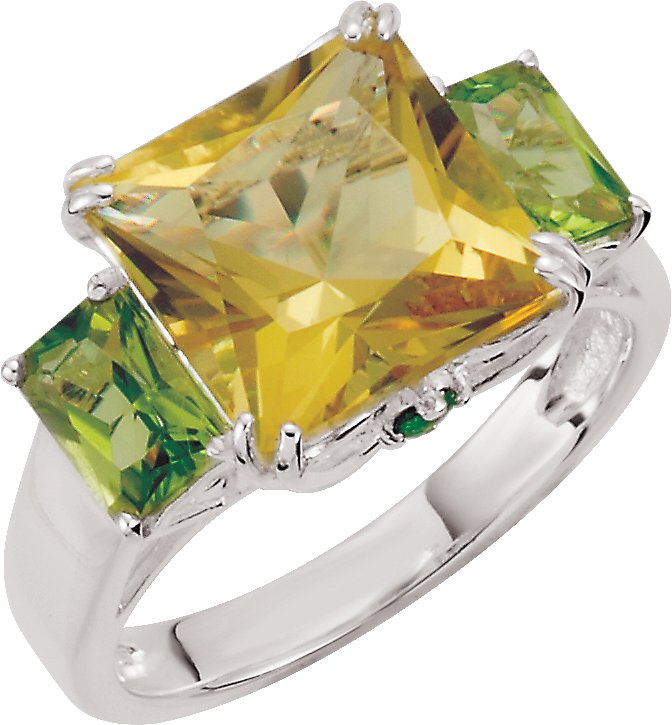 Sterling Silver Natural Lime Quartz, Natural Peridot & Natural Chrome Diopside Ring