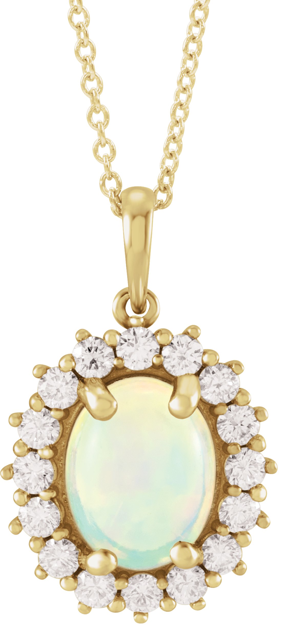 14K Yellow Natural White Ethiopian Opal & 1/3 CTW Natural Diamond Halo-Style 16-18" Necklace