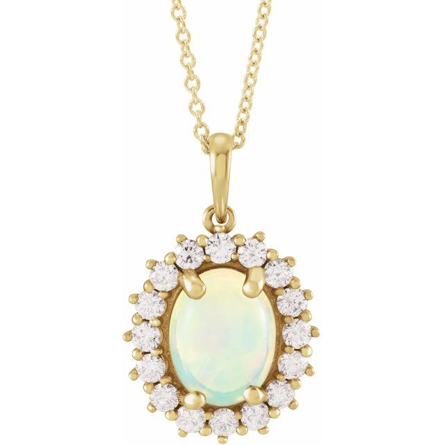 14K Yellow Natural White Ethiopian Opal & 1/3 CTW Natural Diamond Halo-Style 16-18 Necklace