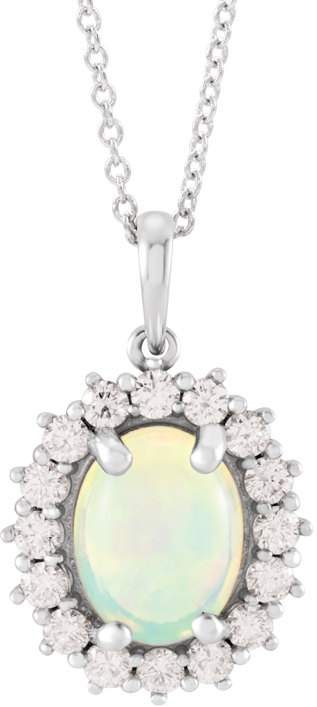 14K White Natural Ethiopian Opal & 1/3 CTW Natural Diamond Halo-Style 16-18" Necklace
