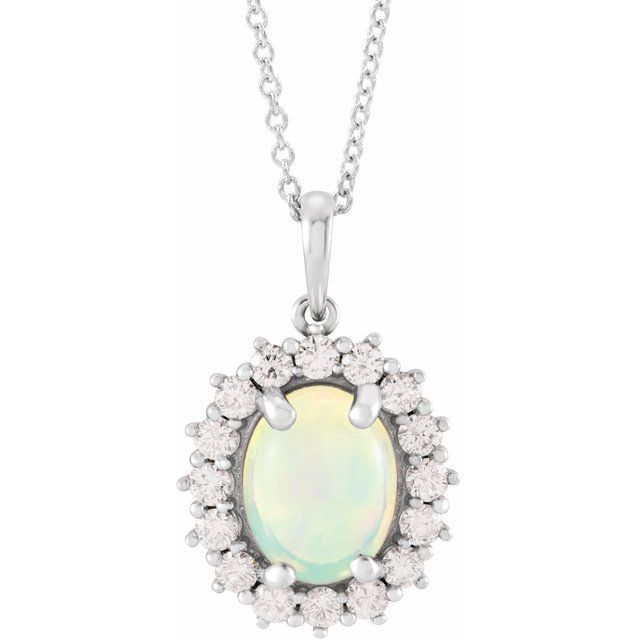 14K White Natural Ethiopian Opal & 1/3 CTW Natural Diamond Halo-Style 16-18" Necklace