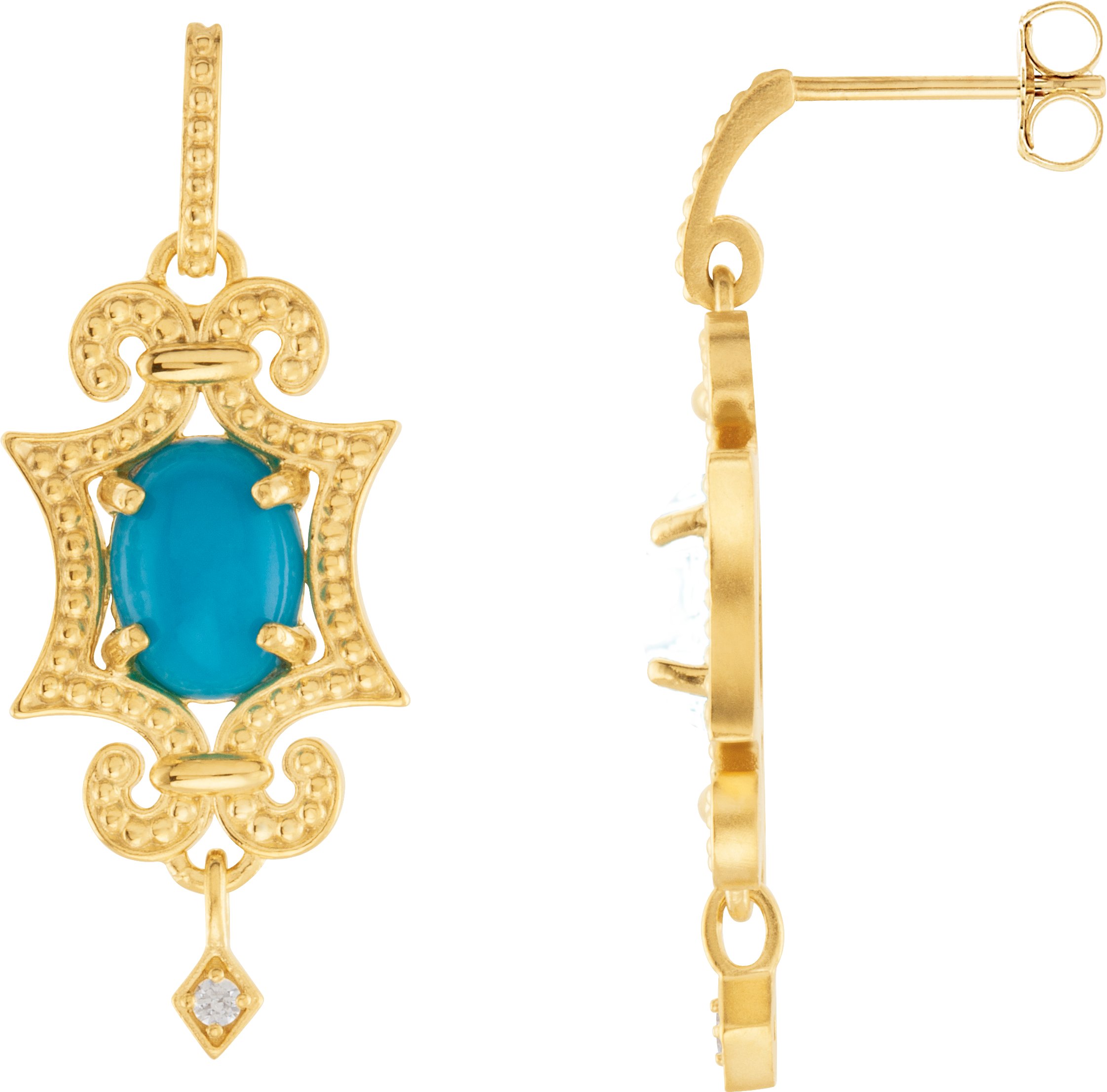 14K Yellow Natural Turquoise & .03 CTW Natural Diamond Earrings