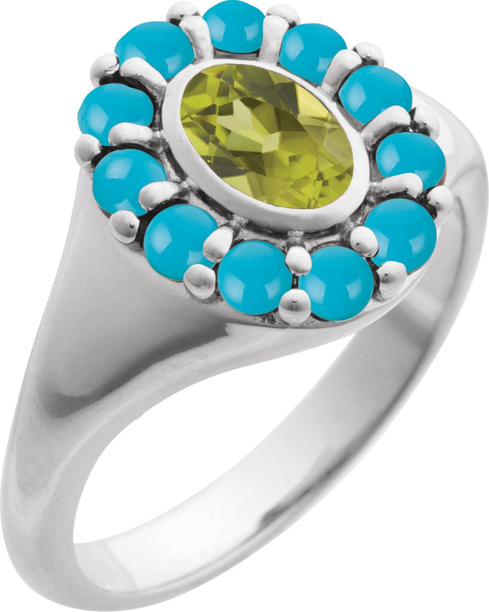 14K White Natural Peridot and Natural Turquoise Halo Style Ring Ref 22176429