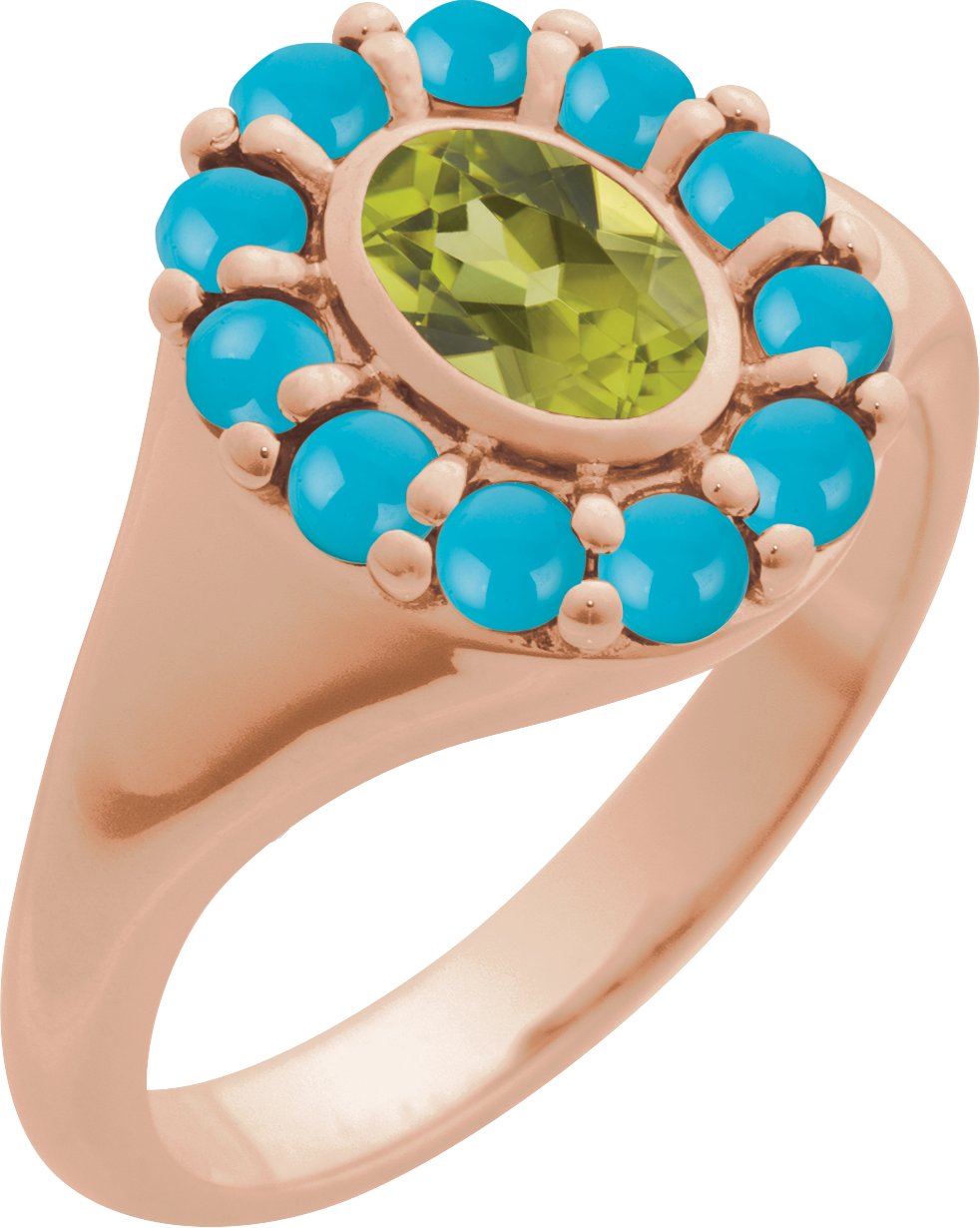 14K Rose Natural Peridot and Natural Turquoise Halo Style Ring Ref 22176442