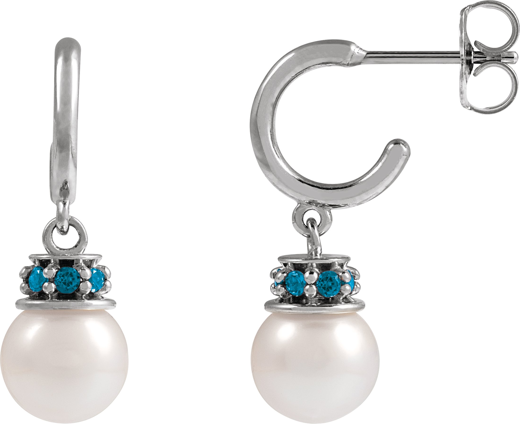 14K White Cultured White Freshwater Pearl & Natural London Blue Topaz Hoop Earrings