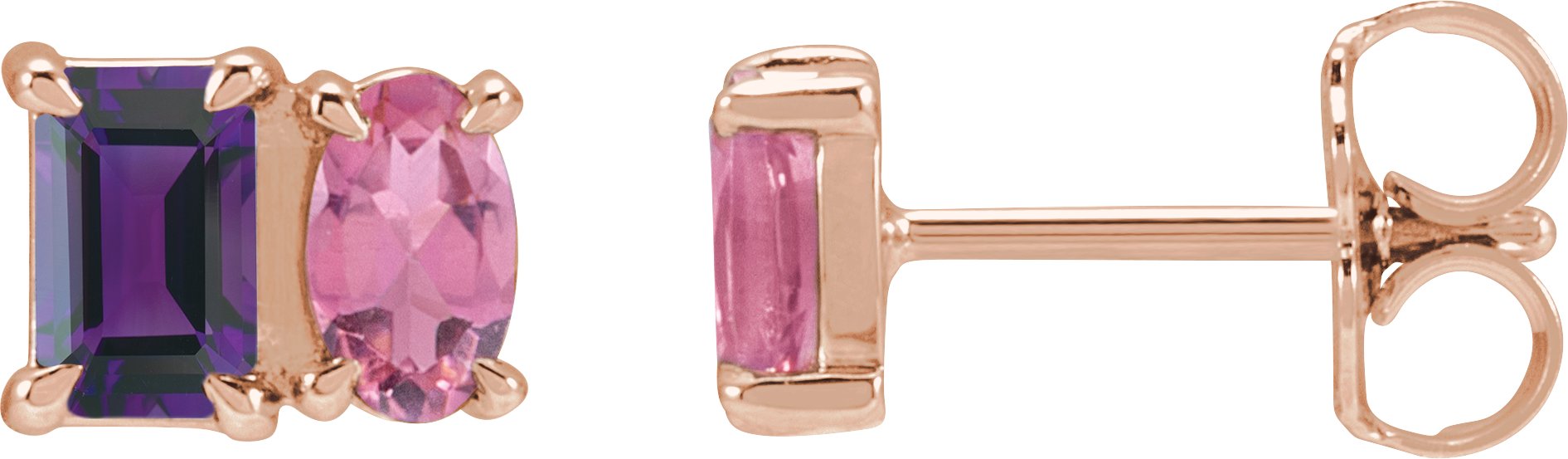 14K Rose Natural Amethyst and Natural Pink Tourmaline Two Stone Stud Earrings Ref 22235259