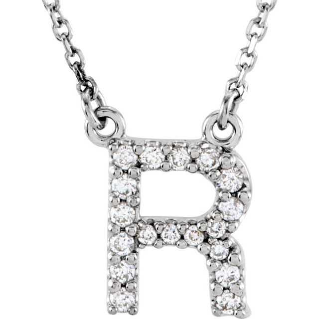 14K White Initial R 1/8 CTW Diamond 16" Necklace