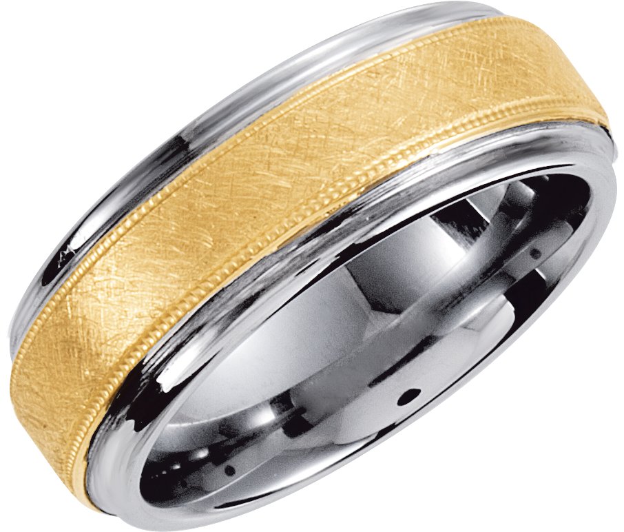 Tungsten & 10K Yellow Inlay 8 mm Milgrain & Ridged Band Size 10