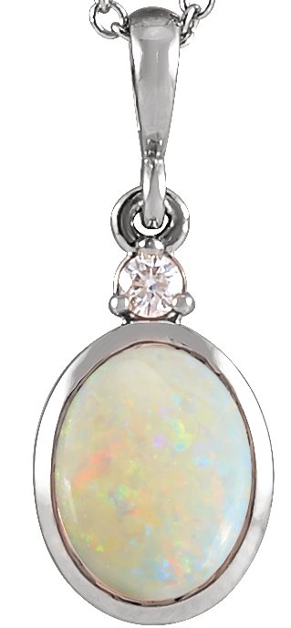 14K White 5x3 mm Natural White Opal and .02 CT Natural Diamond Cabochon Pendant Ref 22307067