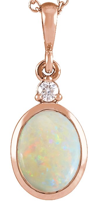 14K Rose 9x7 mm Natural White Opal and .03 CT Natural Diamond Cabochon Pendant Ref 22307017