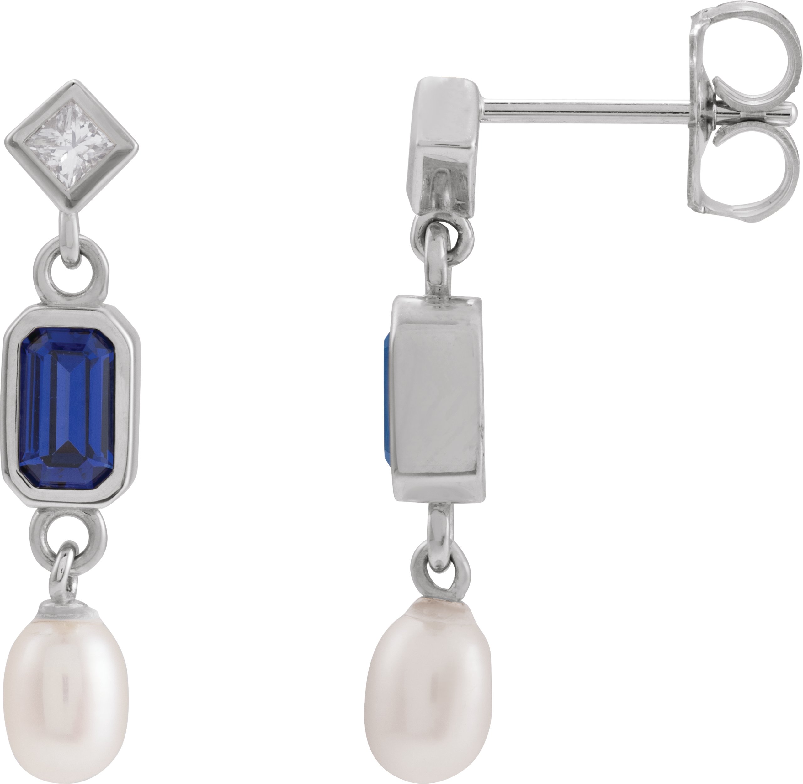 Platinum Lab-Grown Blue Sapphire, Cultured White Akoya Pearl & .05 CTW Natural Diamond Earrings