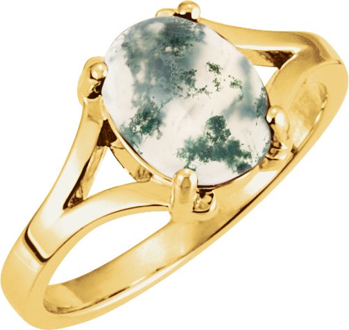 14K Yellow Natural Moss Agate Cabochon Ring