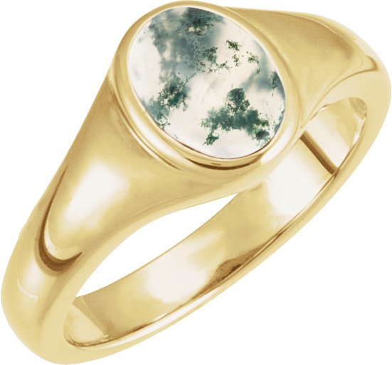 14K Yellow 8x6 mm Natural Moss Agate Ring