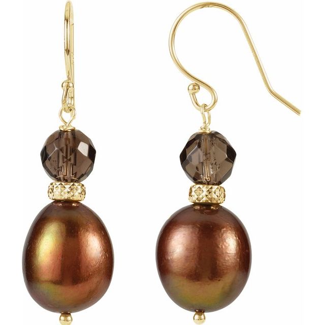 14K Yellow Cultured Chocolate Freshwater Pearl & Natural Smoky Quartz Earrings