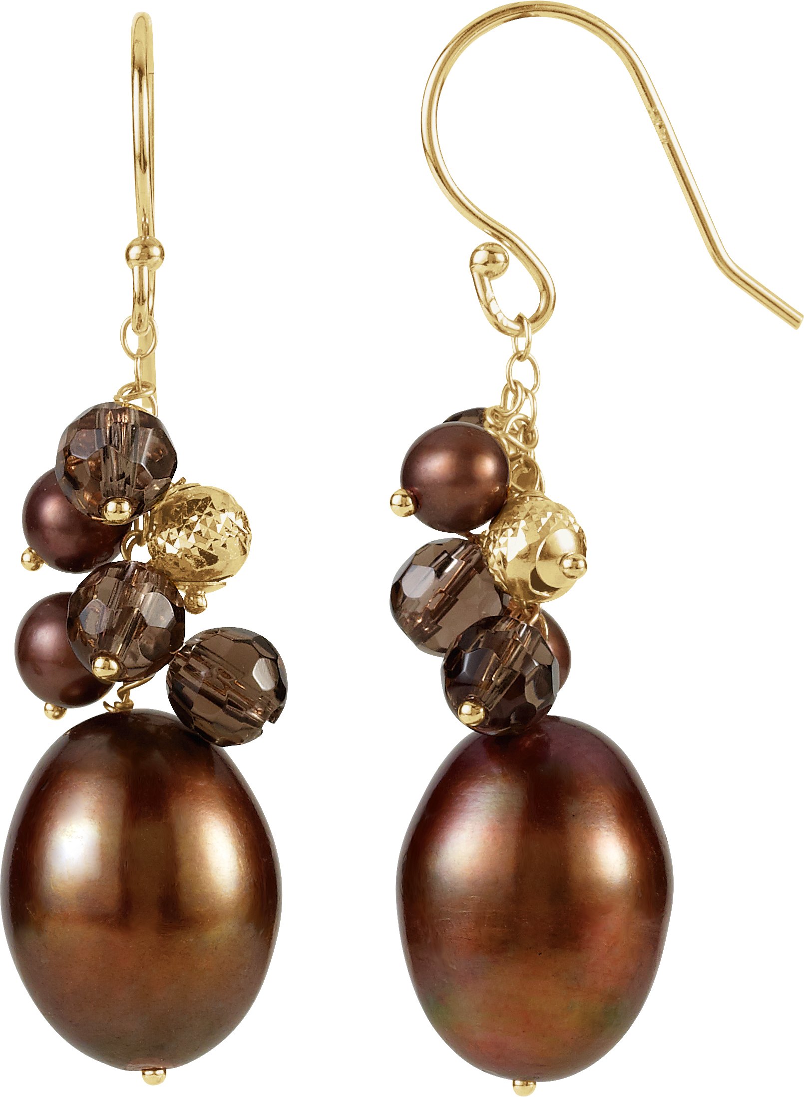 14K Yellow Cultured Dyed Chocolate Freshwater Pearl & Natural Smoky Quartz Earrings