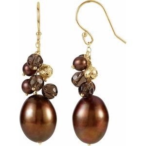 14K Yellow Freshwater Cultured Dyed Chocolate Pearl & Smoky Quartz Earrings