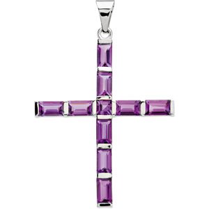 14K White Natural Amethyst Cross Pendant 