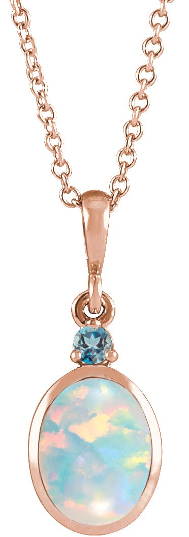 14K Rose 8x6 mm Lab Grown White Opal and Natural London Blue Topaz 16 18 inch Necklace Ref 22461991