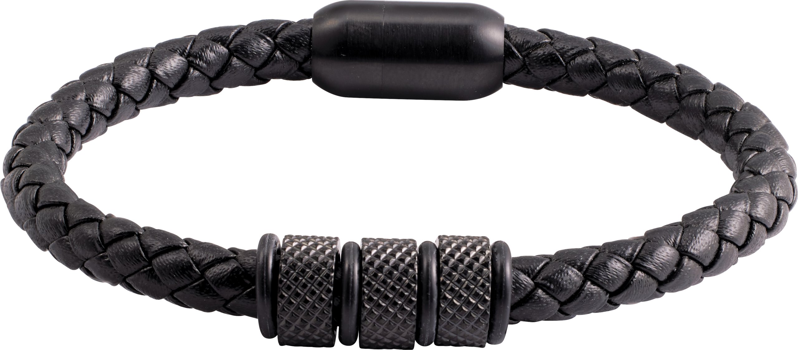 Black PVD Stainless Steel 6 mm Braided Leather 8 1/8" Bracelet