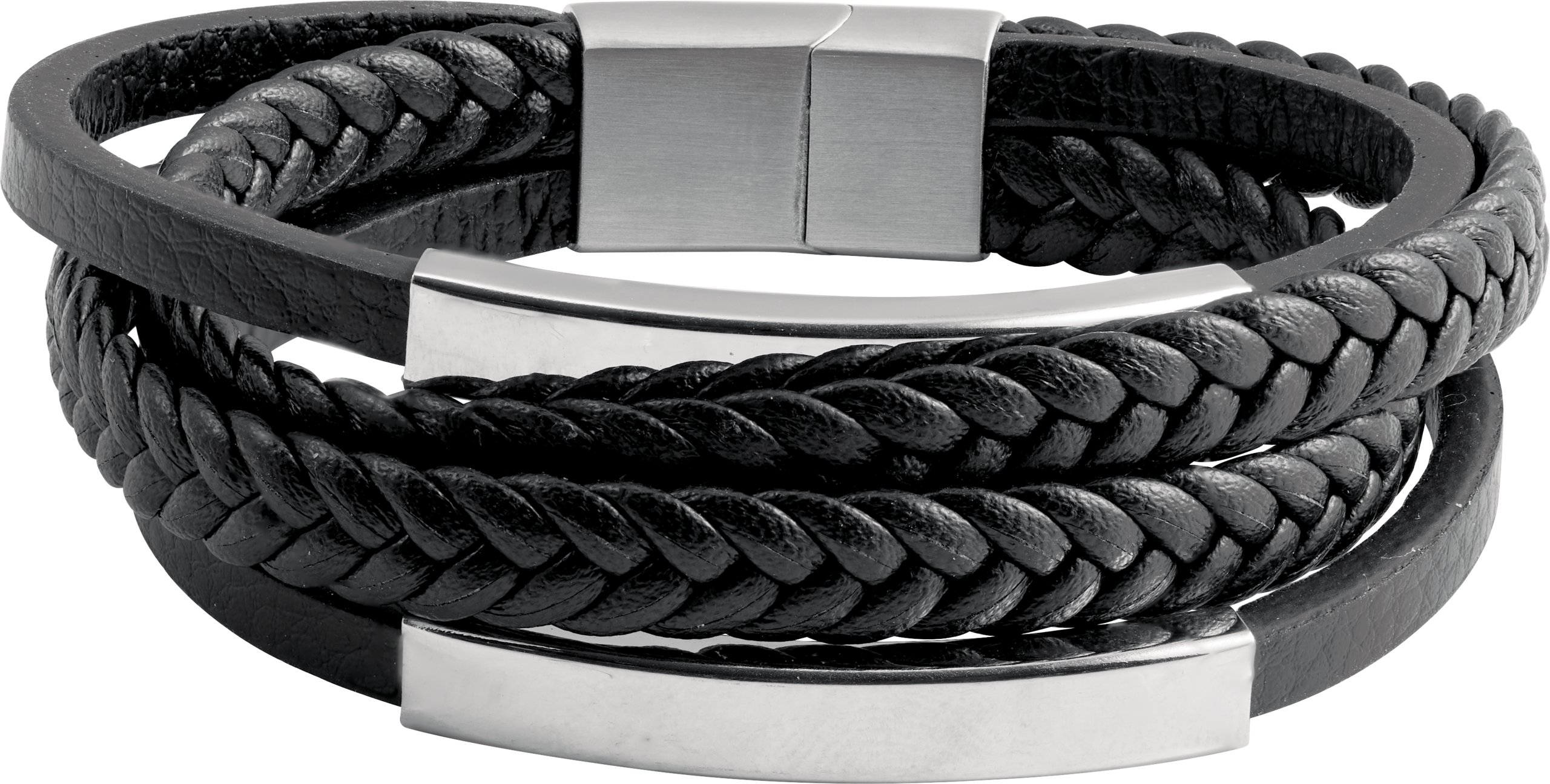 Stainless Steel 11 mm Black Leather Multi-Strand 8" Bracelet