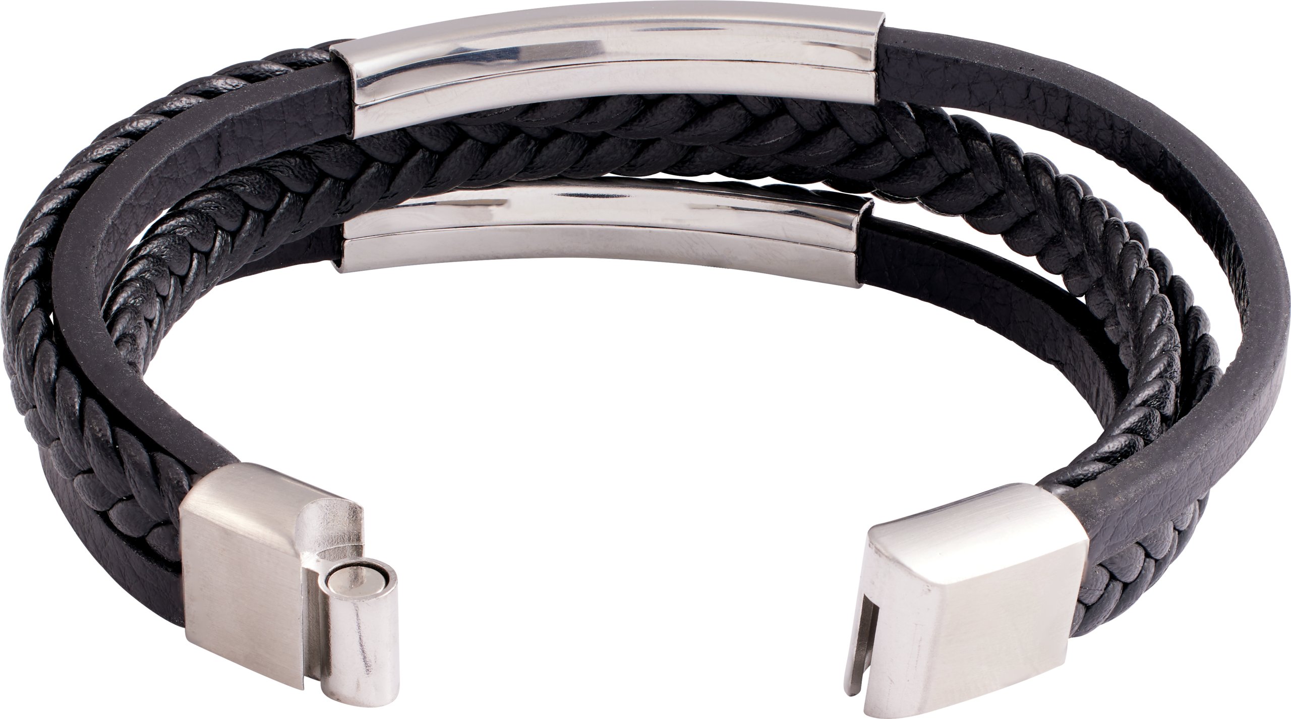 Stainless Steel 11 mm Black Leather Multi-Strand 8 Bracelet