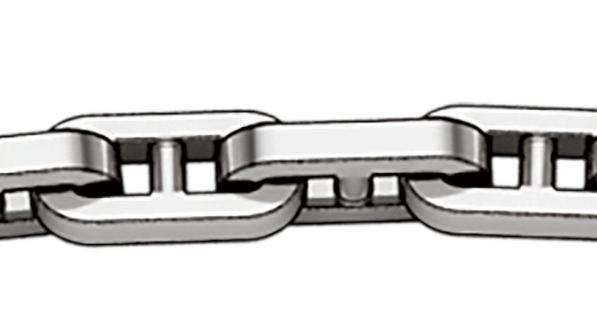 Anchor chain, also called a mariner chain, is typically thick and heavy with rounded elongated links broken in half with a bar element.