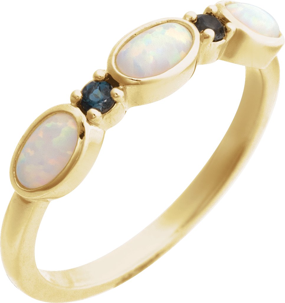 14K Yellow Lab-Grown White Opal & Natural London Blue Topaz Stackable Ring