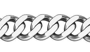 A curb chain consists of circular links that interlock and lie flat close together. It is made from oval or round links that are parallel to another and all the same size.