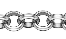 Rolo chain features links created from flat or half-round wire. The shape of the links are perpendicular to one another and may be round or oval. The outer edges of the chains are rounded and the inside is usually flat.