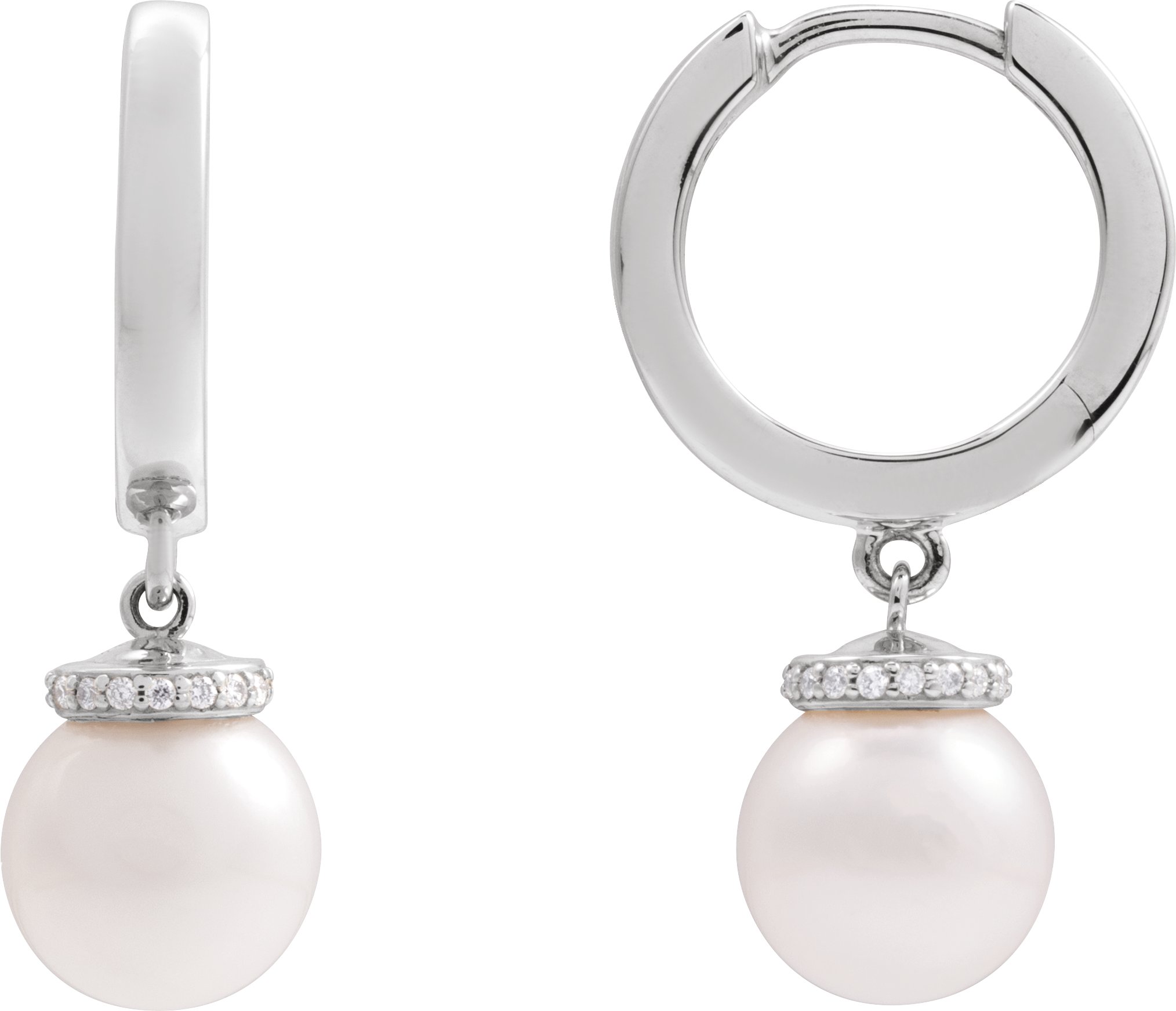 Sterling Silver Cultured White Akoya Pearl and .07 CTW Natural Diamond Hinged 14.2 mm Hoop Earrings Ref 22416218