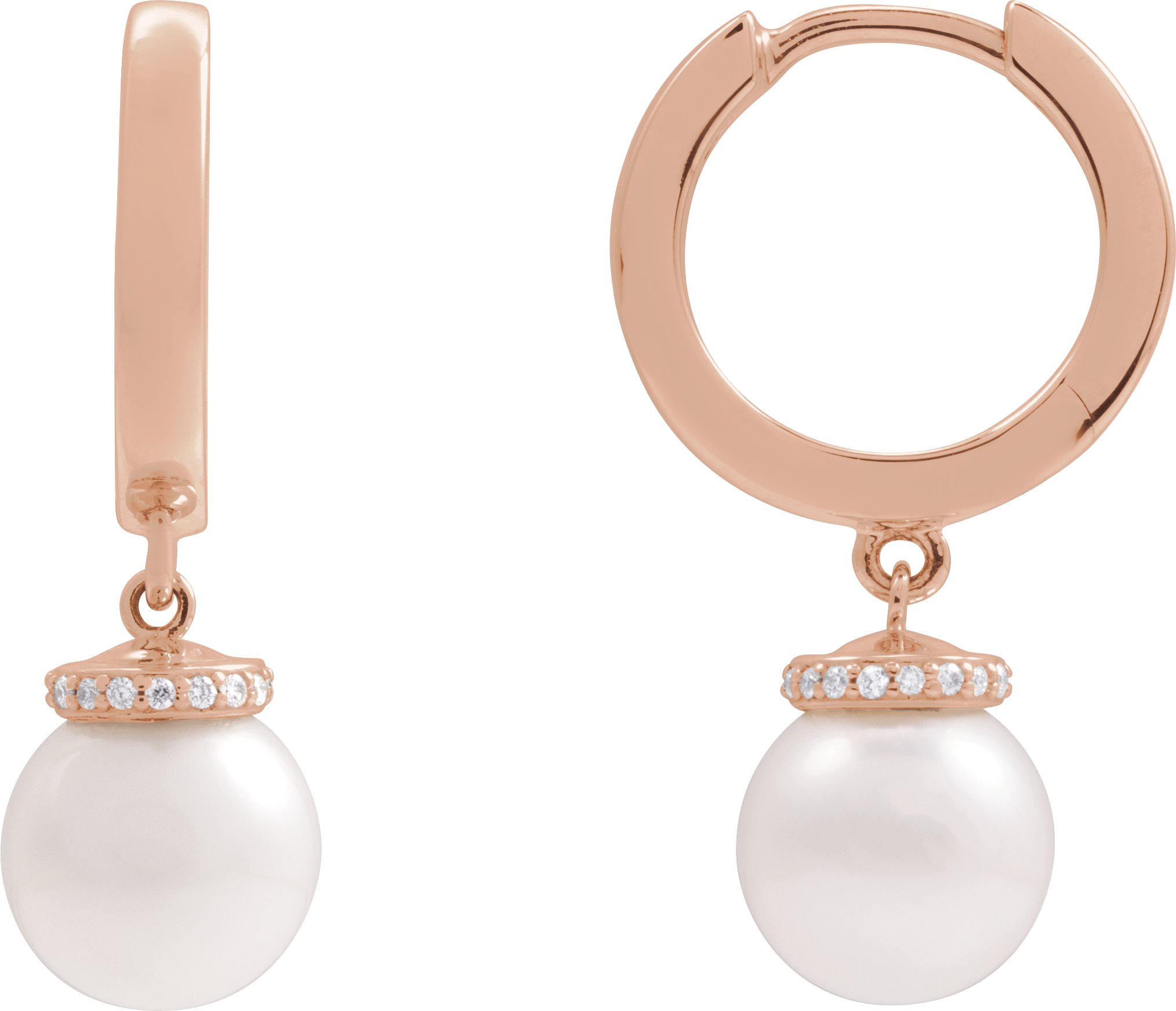 14K Rose Cultured White Akoya Pearl and .07 CTW Natural Diamond Hinged 14.2 mm Hoop Earrings Ref 22416216