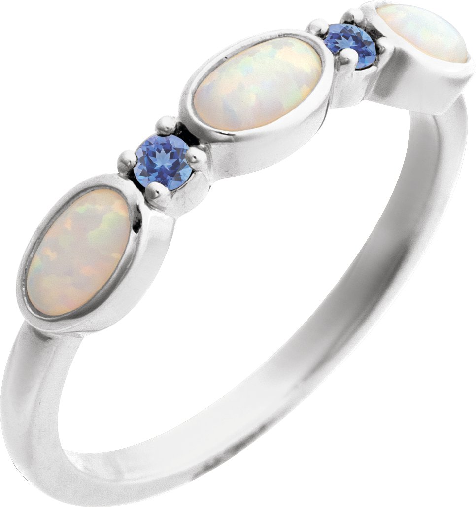 14K White Lab Grown White Opal and Natural Tanzanite Stackable Ring Ref 22370847