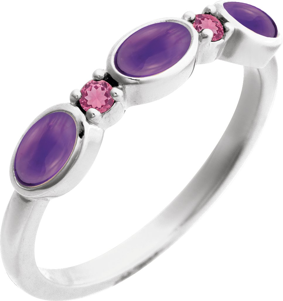 Sterling Silver Natural Amethyst and Natural Pink Tourmaline Stackable Ring Ref 22370857